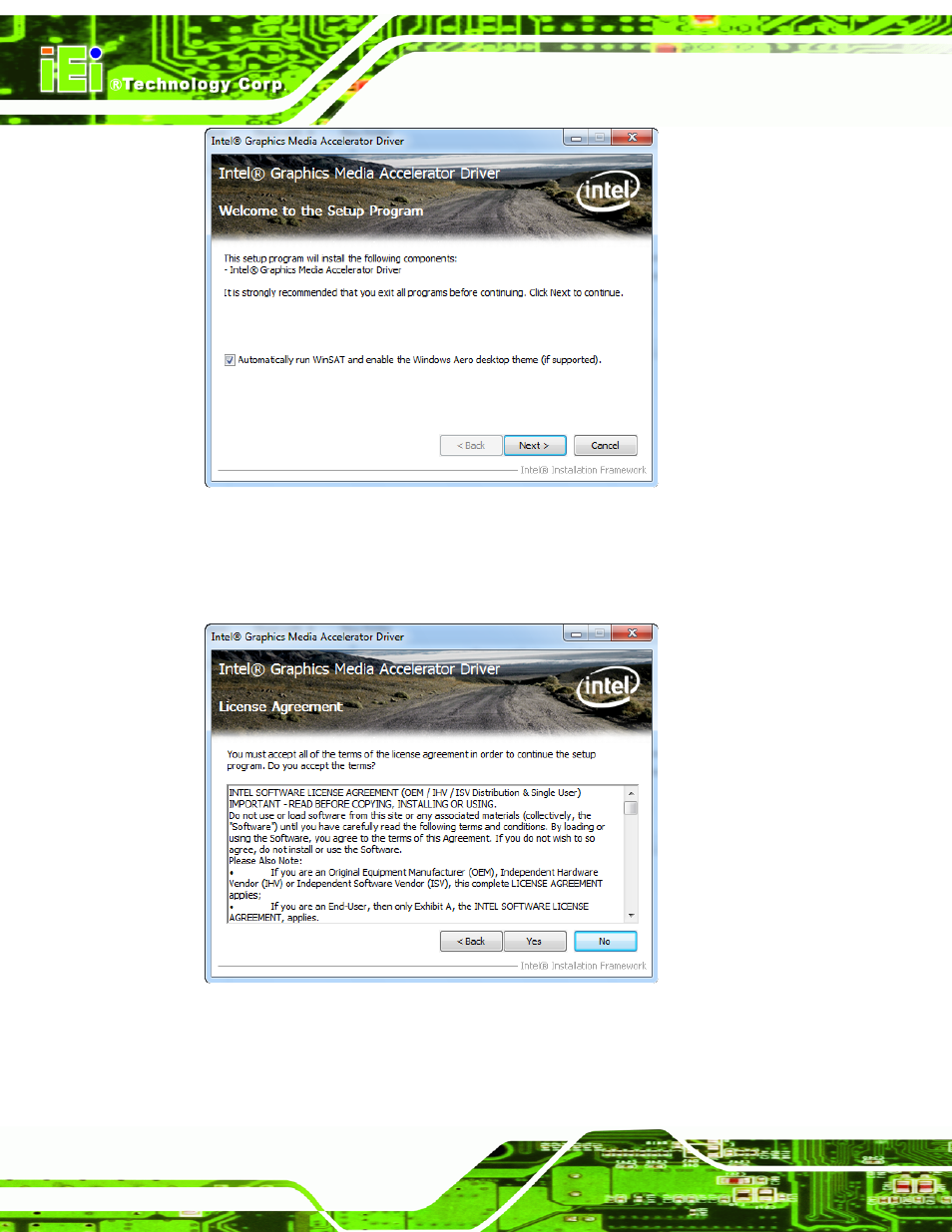 Figure 5-7: graphics driver welcome screen, Figure 5-8: graphics driver license agreement | IEI Integration AFL2-10A-N28 User Manual | Page 95 / 203