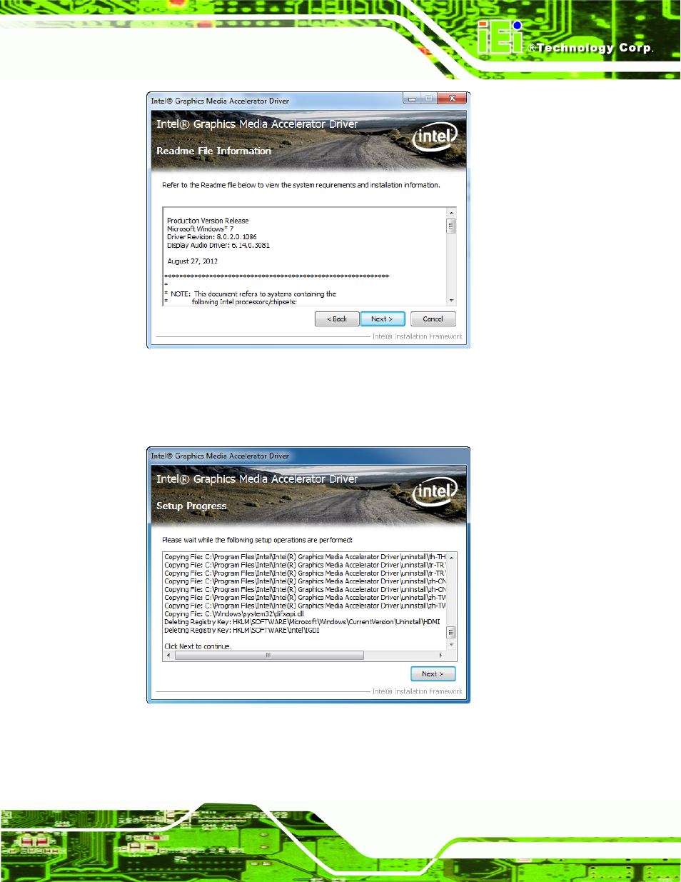 Figure 5-9: graphics driver read me file, Figure 5-10: graphics driver setup operations | IEI Integration AFL2-10A-N28 User Manual | Page 96 / 203