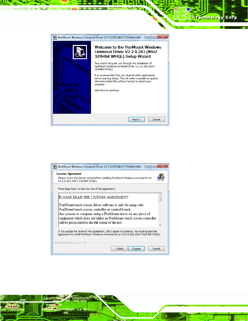 Figure 5-12: touch screen driver welcome screen, Figure 5-13: touch screen driver license agreement | IEI Integration AFL2-10A-N28 User Manual | Page 98 / 203