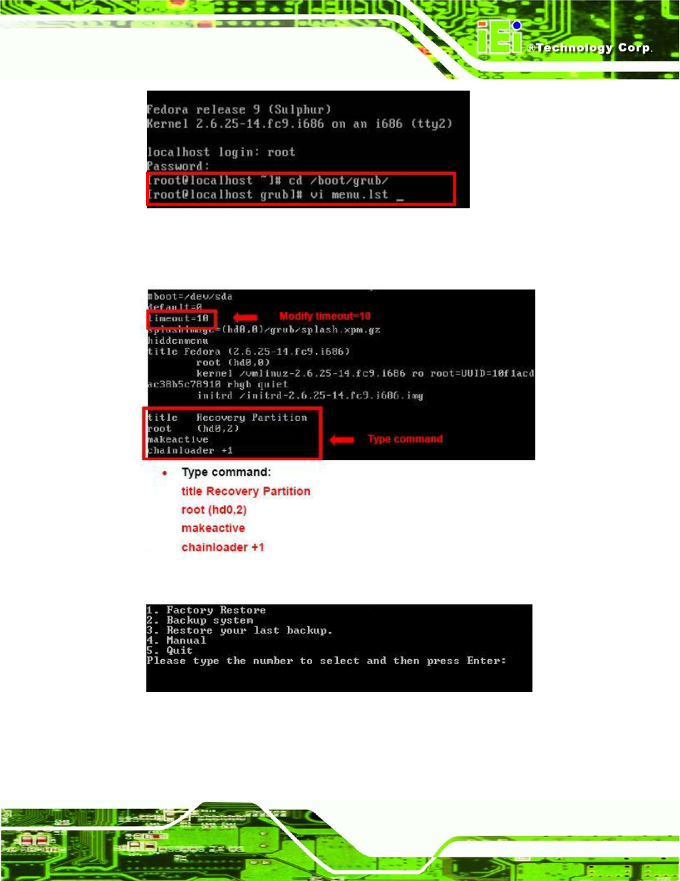 Figure c-31: access menu.lst in linux (text mode), Figure c-32: recovery tool menu | IEI Integration AFL2-08A-N26 User Manual | Page 175 / 195