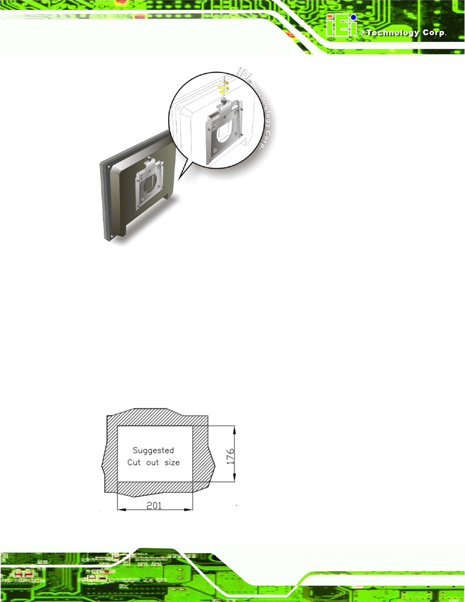 2 panel mounting, Figure 4-11: secure the panel pc, Figure 4-12: cutout dimensions | IEI Integration AFL2-08A-N26 User Manual | Page 49 / 195