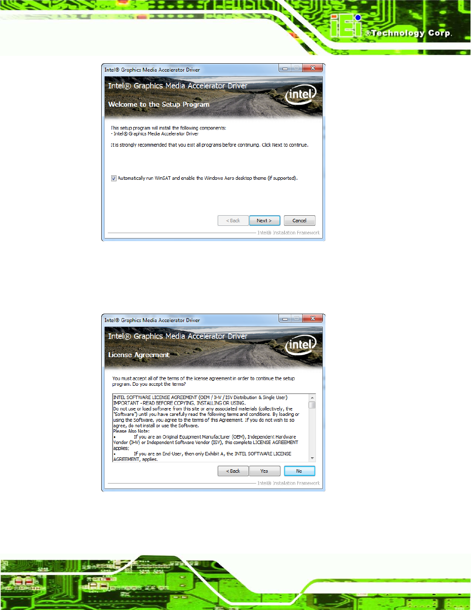 Figure 8-7: graphics driver welcome screen, Figure 8-8: graphics driver license agreement | IEI Integration AFL2-W07A-N26 User Manual | Page 117 / 195