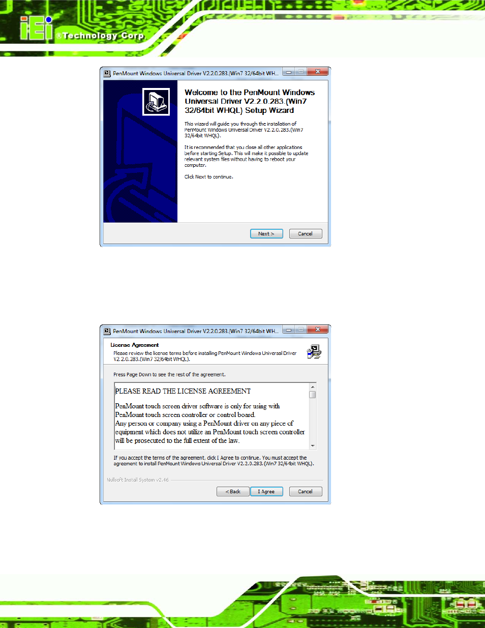 Figure 8-12: touch screen driver welcome screen, Figure 8-13: touch screen driver license agreement | IEI Integration AFL2-W07A-N26 User Manual | Page 120 / 195