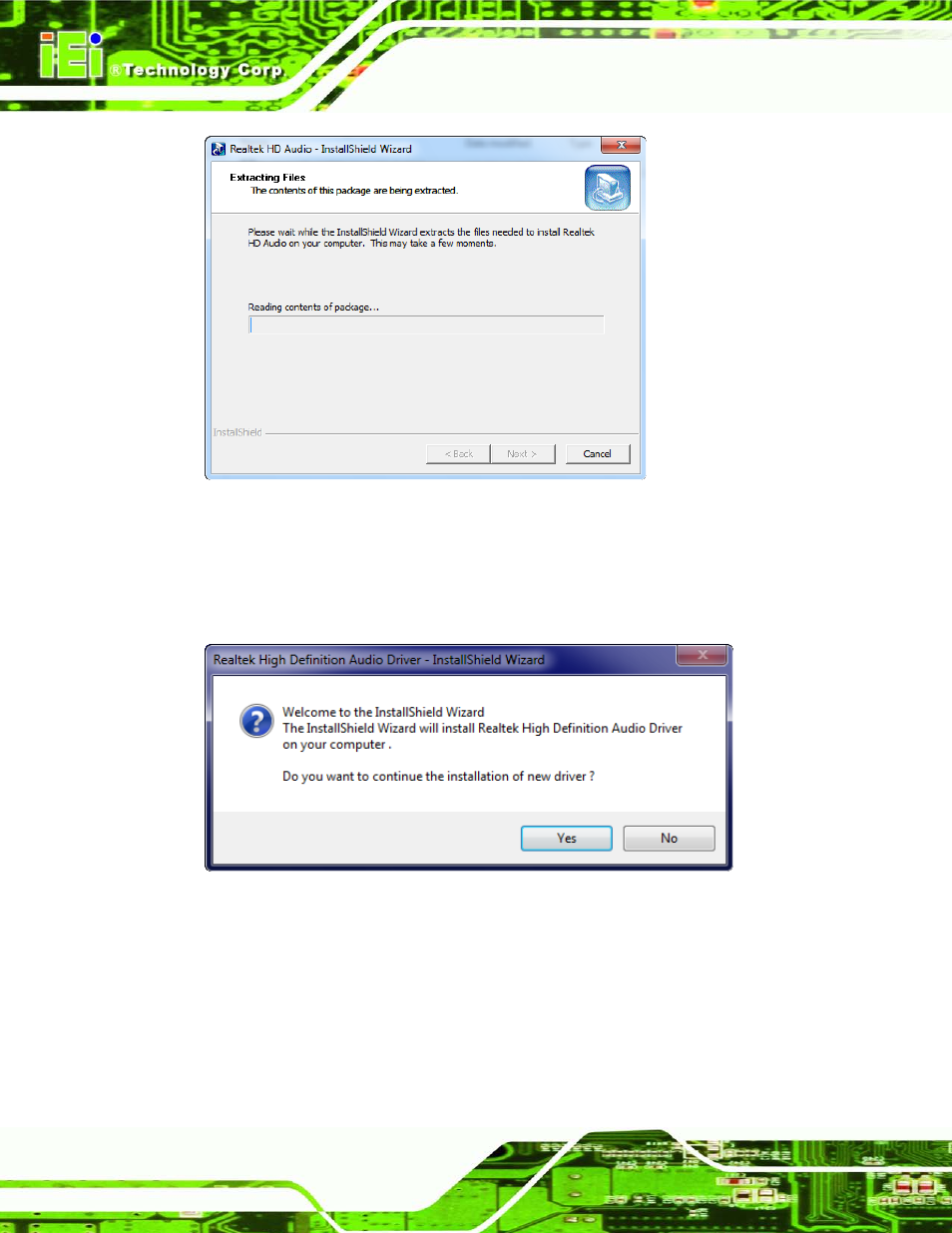 Figure 8-22: audio driver – extracting files, Figure 8-23: audio driver welcome screen | IEI Integration AFL2-W07A-N26 User Manual | Page 126 / 195
