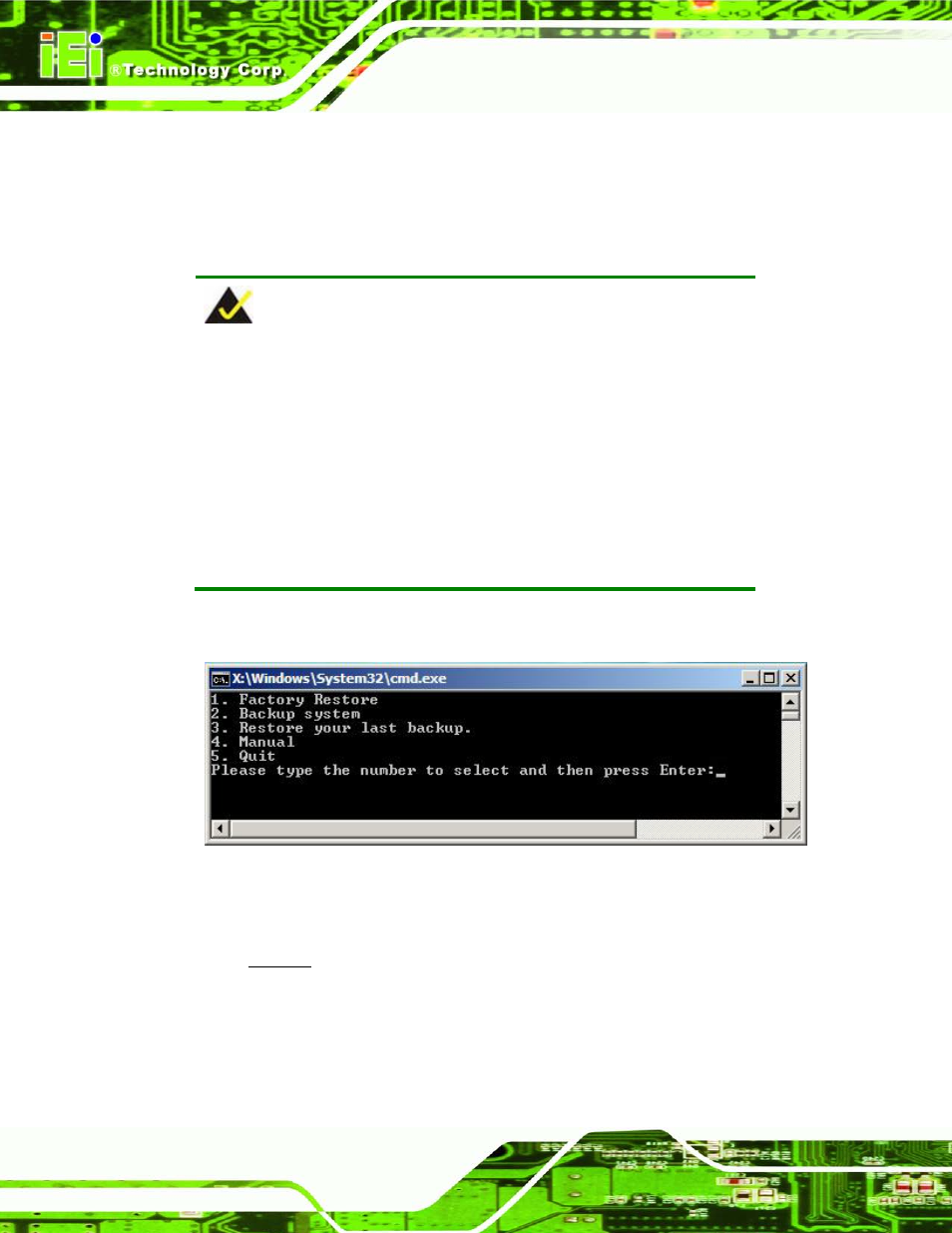 C.1 one key recovery introduction, Ecovery, Ntroduction | Figure c-1: iei one key recovery tool menu | IEI Integration AFL2-W07A-N26 User Manual | Page 152 / 195