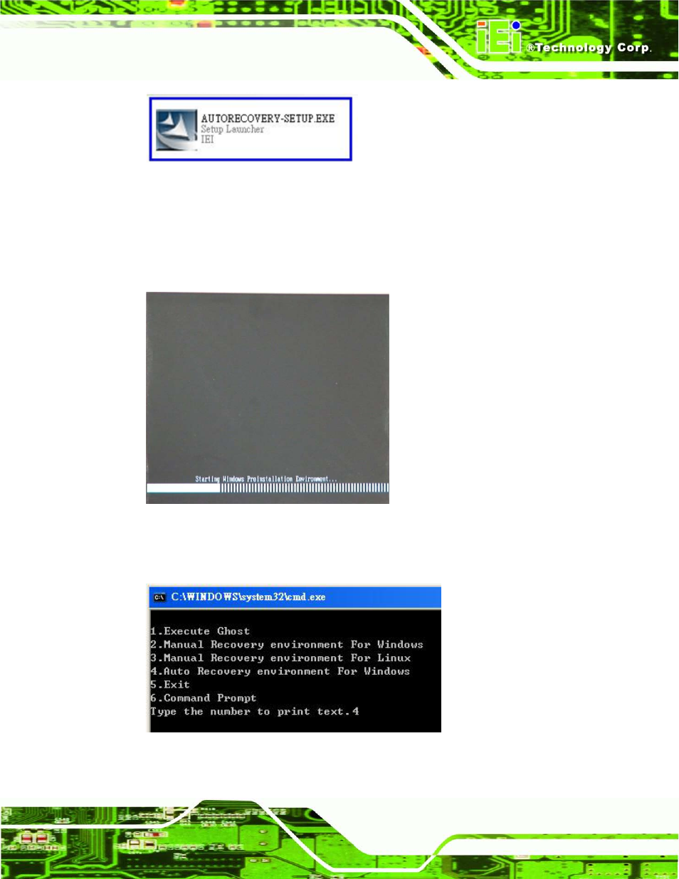 Figure c-22: auto recovery utility, Figure c-23: launching the recovery tool, Figure c-24: auto recovery environment for windows | IEI Integration AFL2-W07A-N26 User Manual | Page 169 / 195