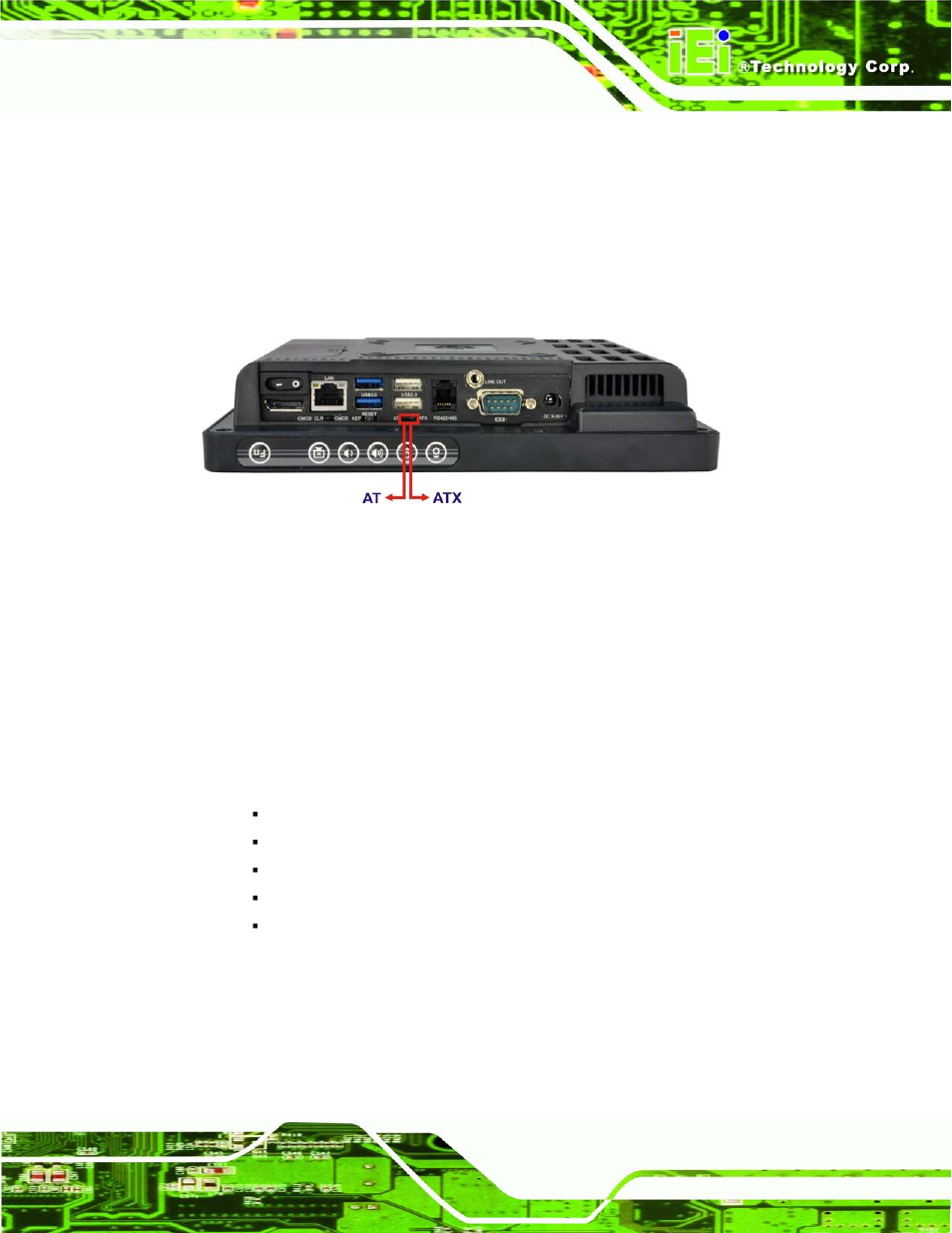 6 at/atx mode selection, 1 at power mode, 2 atx power mode | At/atx, Election, Figure 4-6: at/atx switch location | IEI Integration AFL2-W07A-N26 User Manual | Page 43 / 195