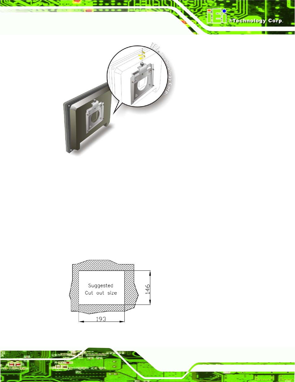 2 panel mounting, Figure 4-11: secure the panel pc, Figure 4-12: cutout dimensions | IEI Integration AFL2-W07A-N26 User Manual | Page 49 / 195