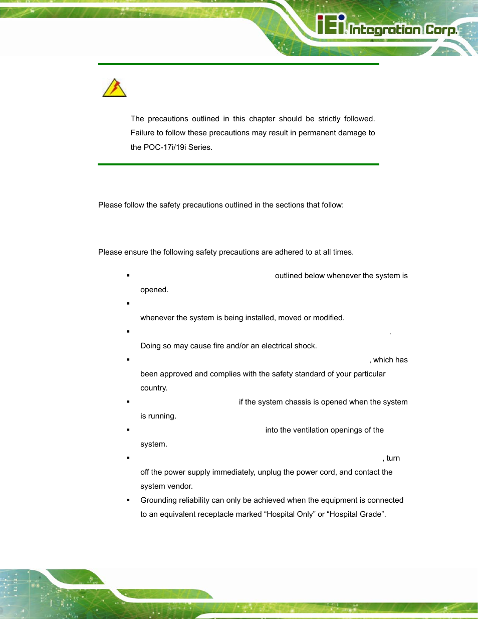 A.1 safety precautions, A.1.1 general safety precautions, Afety | Recautions | IEI Integration POC-17i_19i-Series_IEI User Manual | Page 113 / 128