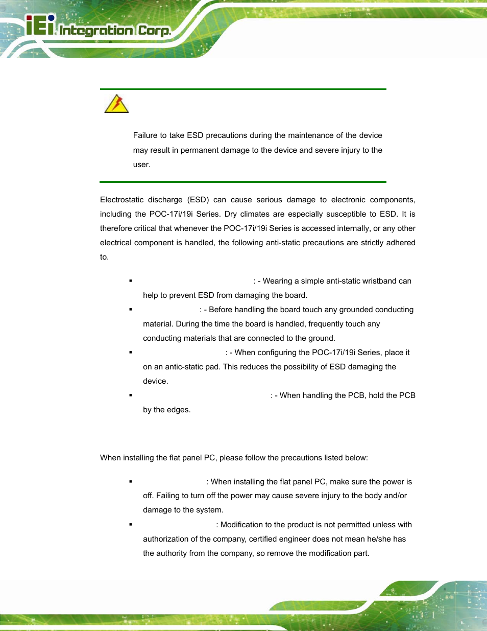 1 anti-static precautions, 2 installation precautions, Static | Recautions, Nstallation | IEI Integration POC-17i_19i-Series_IEI User Manual | Page 28 / 128
