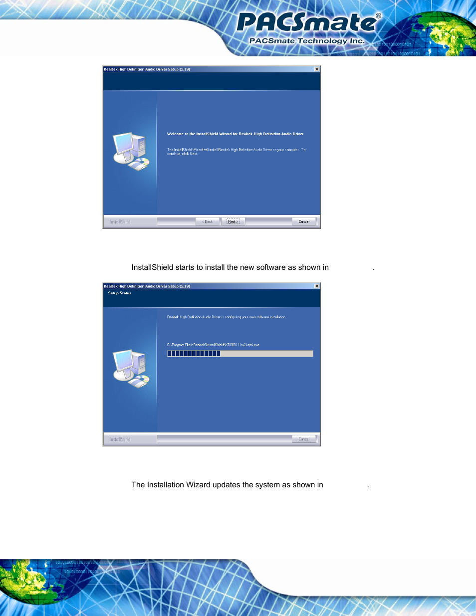 Figure 7-17: installshield wizard welcome screen, Figure 7-18: audio driver progress screen | IEI Integration IBS-19A User Manual | Page 101 / 177