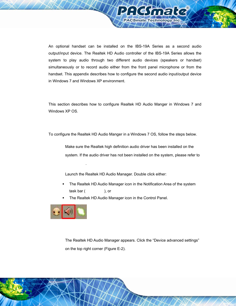 E.1 overview, E.2 realtek hd audio manager configuration, E.2.1 windows 7 os | Verview, Ealtek, Udio, Anager, Onfiguration | IEI Integration IBS-19A User Manual | Page 158 / 177