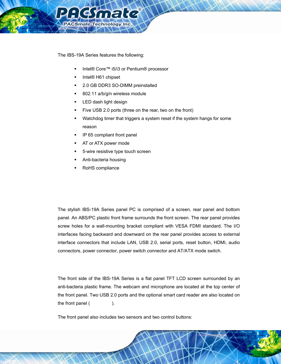 3 features, 4 external overview, 1 general description | 2 front panel, Eatures, Xternal, Verview | IEI Integration IBS-19A User Manual | Page 18 / 177