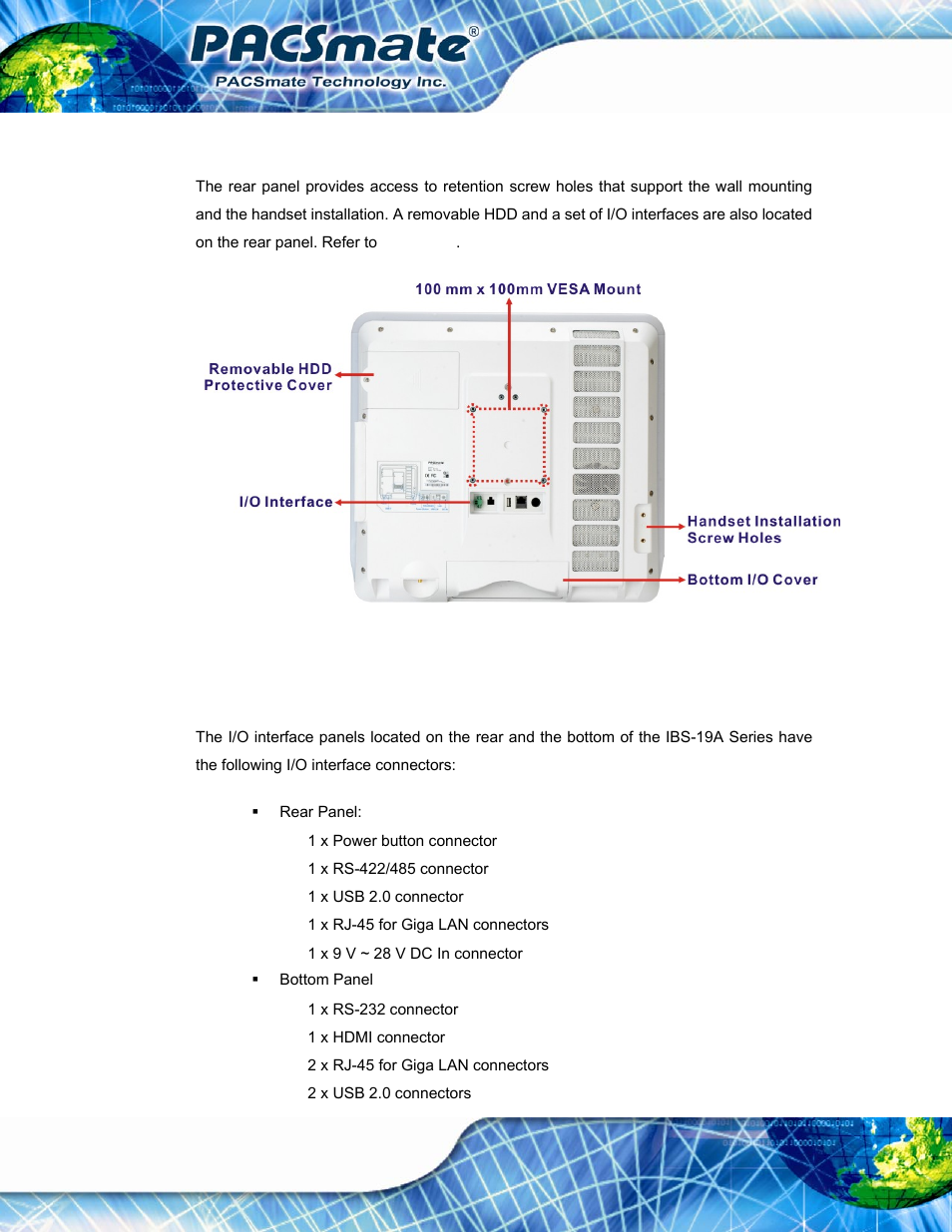 3 rear panel, 4 i/o interface panel, Figure 1-5: rear view | IEI Integration IBS-19A User Manual | Page 22 / 177