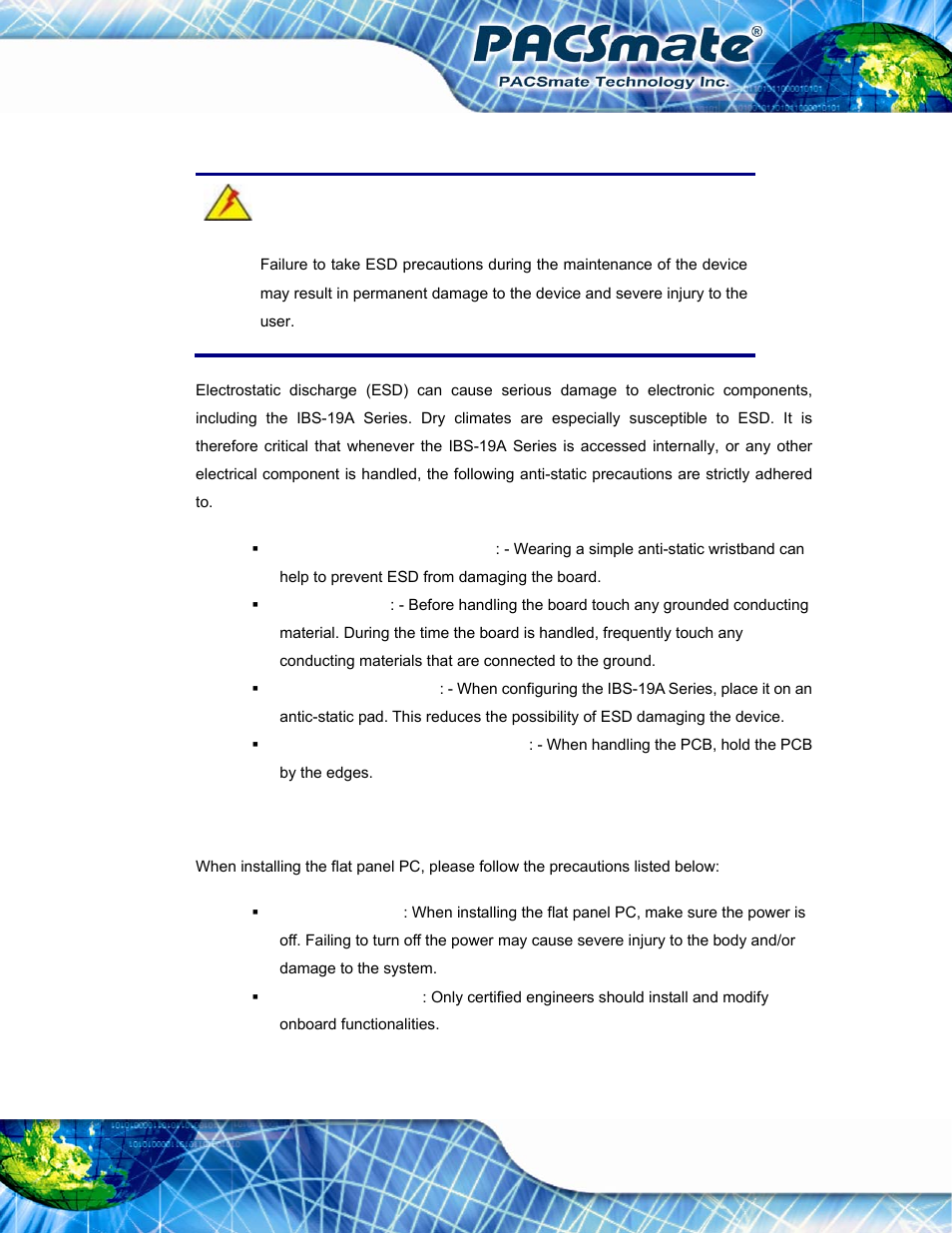 1 anti-static precautions, 2 installation precautions, Static | Recautions, Nstallation | IEI Integration IBS-19A User Manual | Page 33 / 177