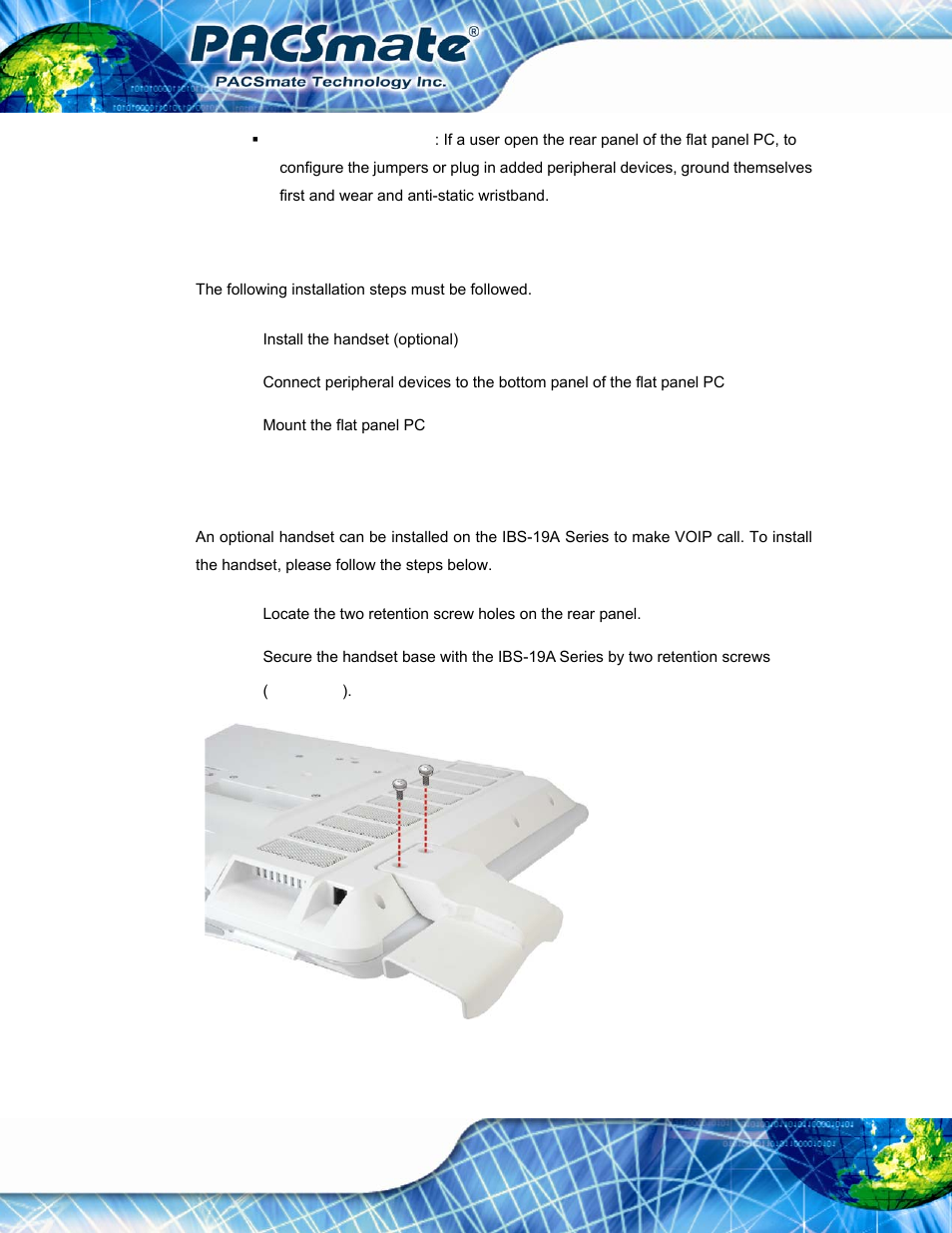 3 installation and configuration steps, 4 handset installation (optional), Nstallation and | Onfiguration, Teps, Andset, Nstallation, Ptional, Figure 3-1: handset base installation | IEI Integration IBS-19A User Manual | Page 34 / 177