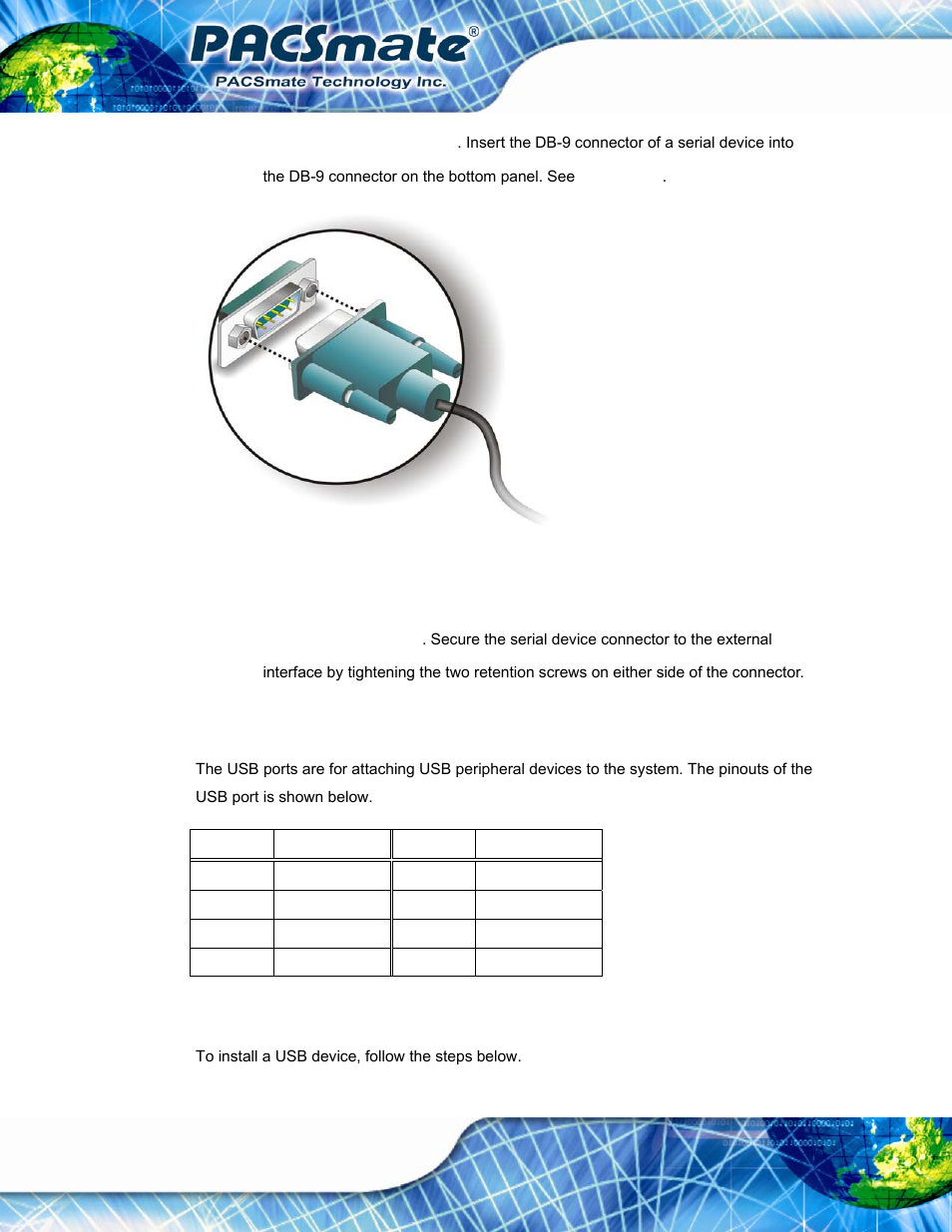 9 usb connectors, Figure 3-15: serial device connector, Table 3-7: usb port pinouts | IEI Integration IBS-19A User Manual | Page 44 / 177