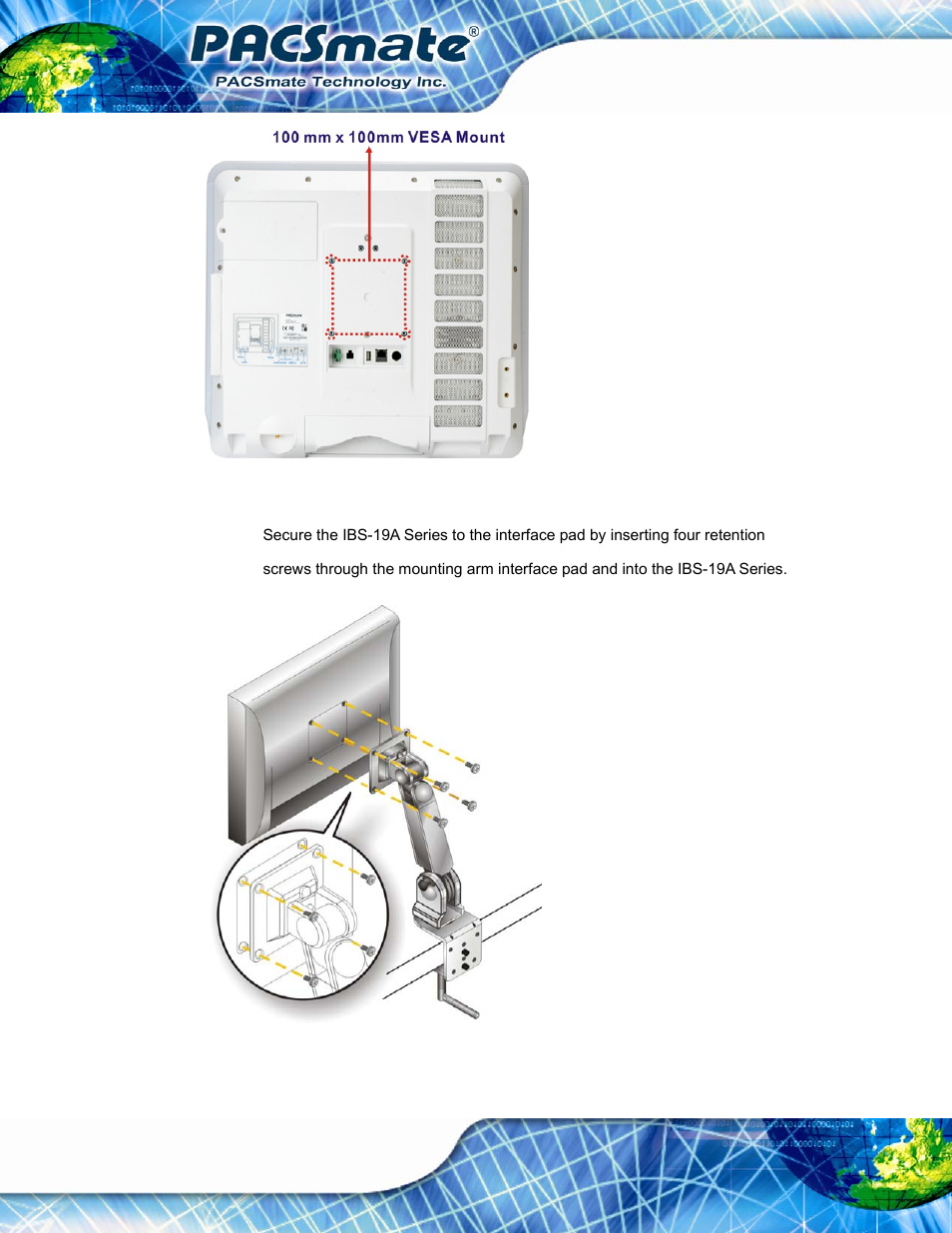 Figure 3-18: arm mount retention screw holes, Figure 3-19: arm mounting | IEI Integration IBS-19A User Manual | Page 48 / 177