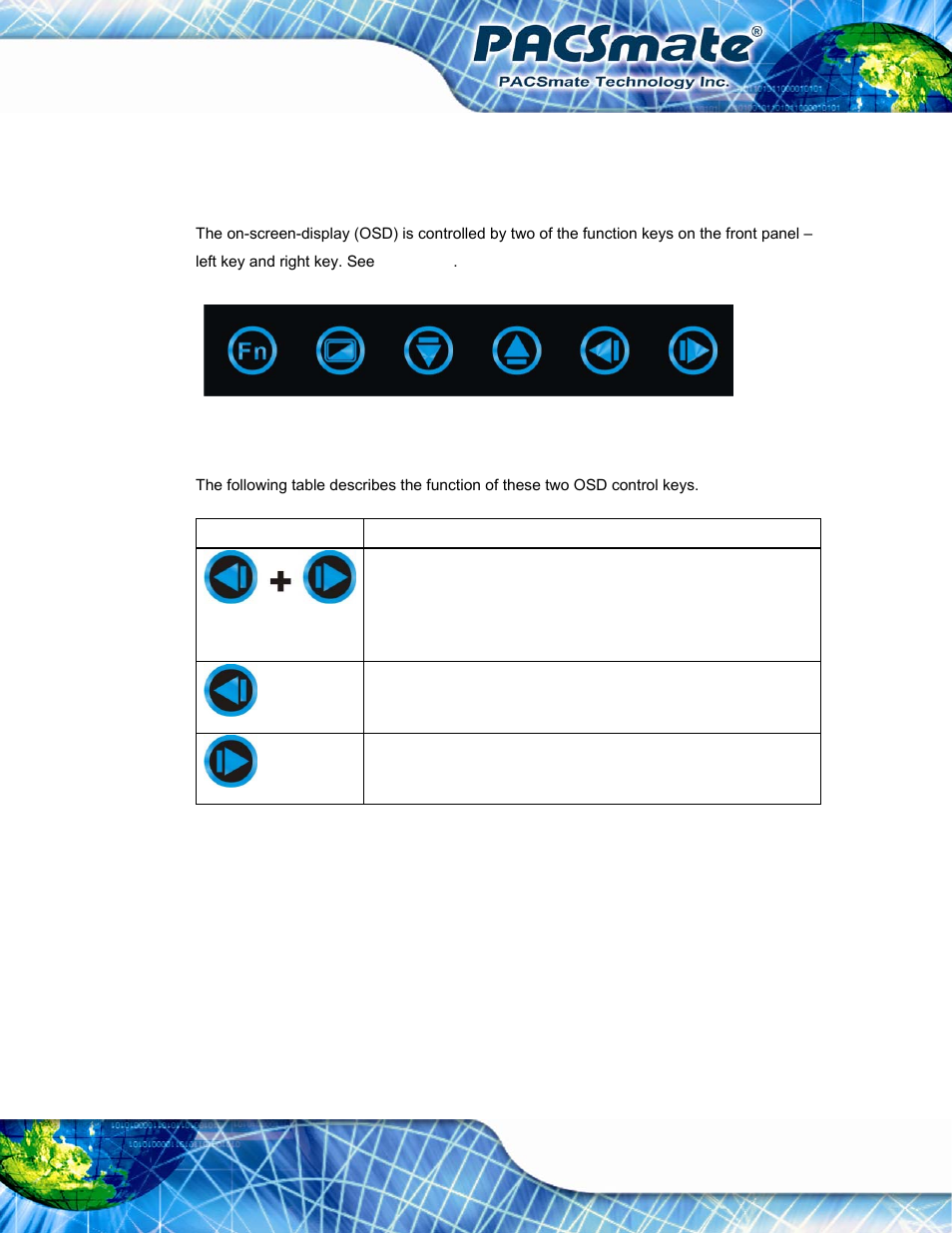 1 user mode osd structure, 1 osd control keys, Tructure | Figure 4-1: osd control keys, Table 4-1: osd control key functions, Ibs-19a series medical panel pc page 55 | IEI Integration IBS-19A User Manual | Page 55 / 177