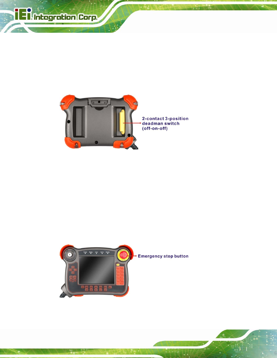 5 emergency buttons, 1 deadman switch, 2 emergency stop button | Mergency, Uttons, Figure 3-9: deadman switch, Figure 3-10: emergency stop button | IEI Integration Robot-TP-65M User Manual | Page 29 / 39