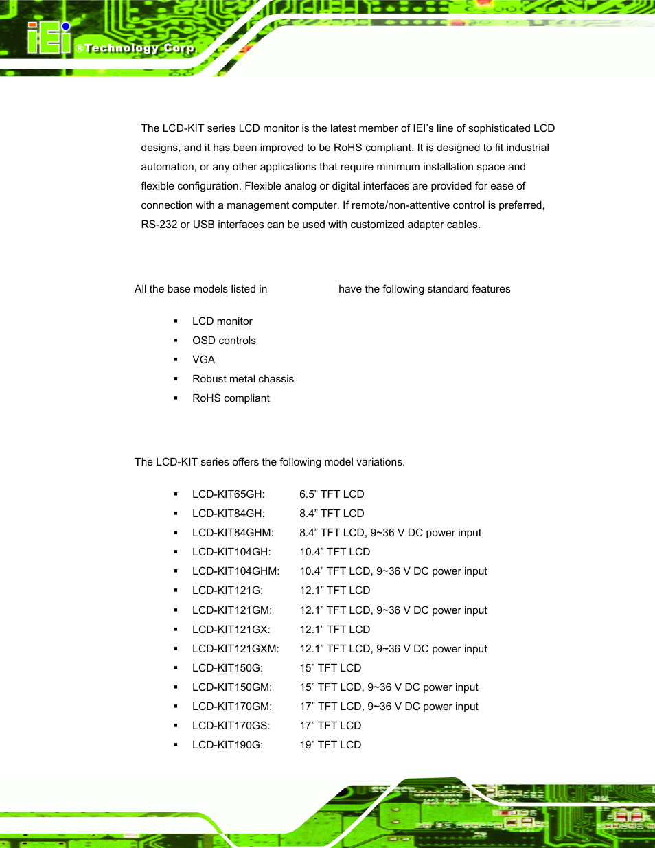 1 lcd-kit series lcd monitor overview, 1 standard features, 2 model variations | Lcd-kit, Eries, Onitor, Verview | IEI Integration LCD-KIT Series v2.02 User Manual | Page 12 / 94