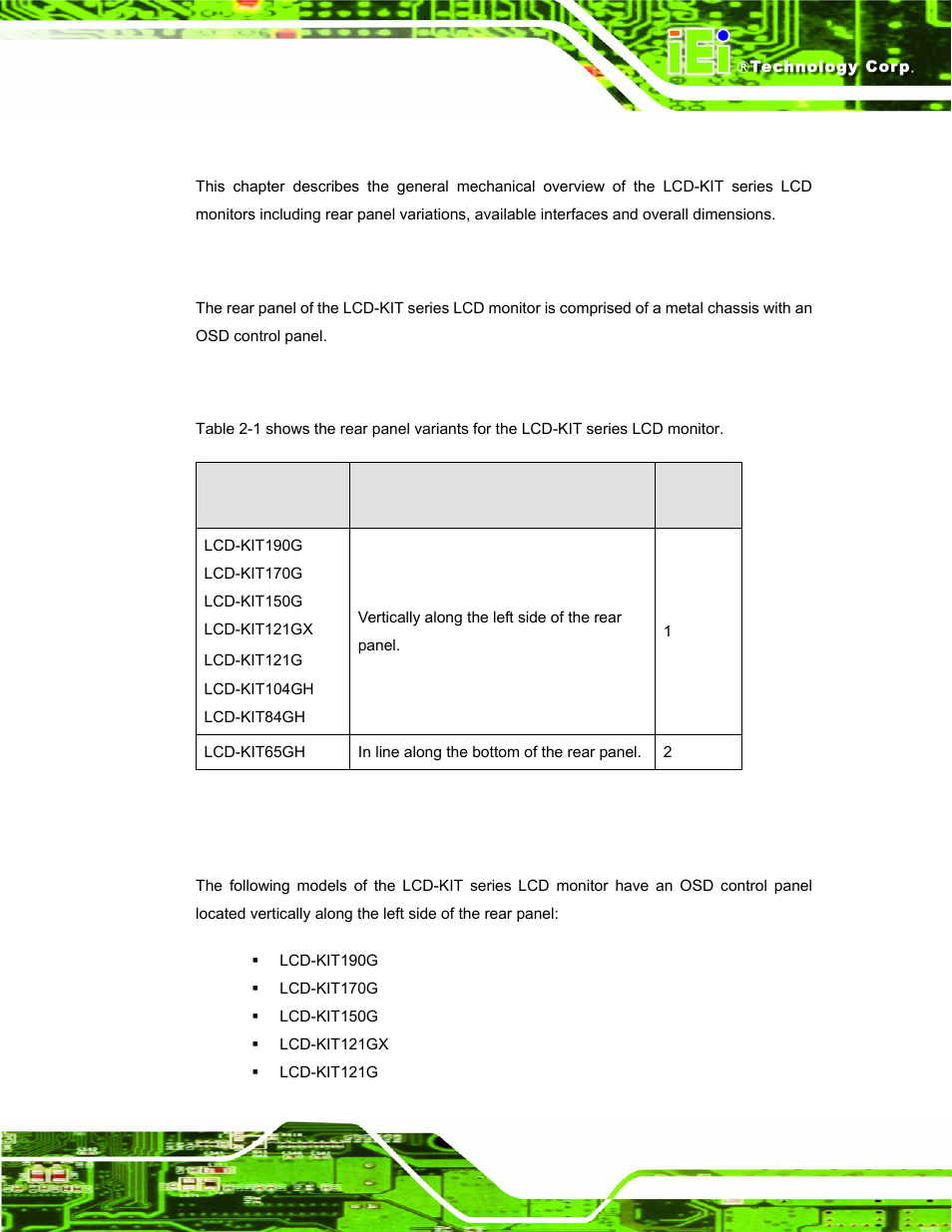 1 introduction, 2 rear panel, 1 rear panel variants | 2 rear panel variant 1, Ntroduction, Anel, Table 2-1: rear panel variants | IEI Integration LCD-KIT Series v2.02 User Manual | Page 19 / 94