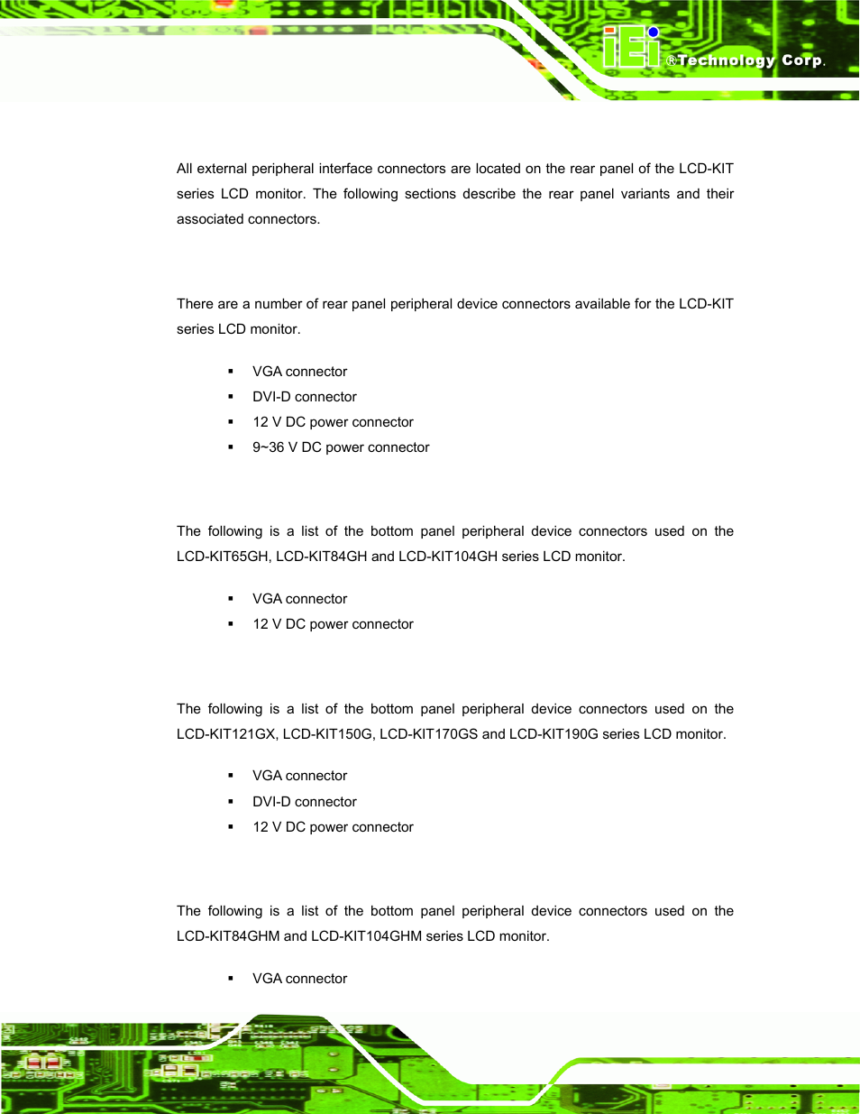 3 connector panel, 1 available connectors, 2 variant 1 connectors | 3 variant 2 connectors, 4 variant 3 connectors, Onnector, Anel | IEI Integration LCD-KIT Series v2.02 User Manual | Page 21 / 94