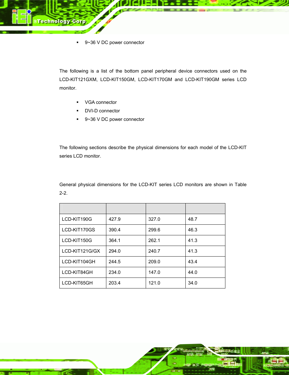 5 variant 4 connectors, 4 physical dimensions, 1 general physical dimensions | Hysical, Imensions, Table 2-2: general physical dimensions | IEI Integration LCD-KIT Series v2.02 User Manual | Page 22 / 94