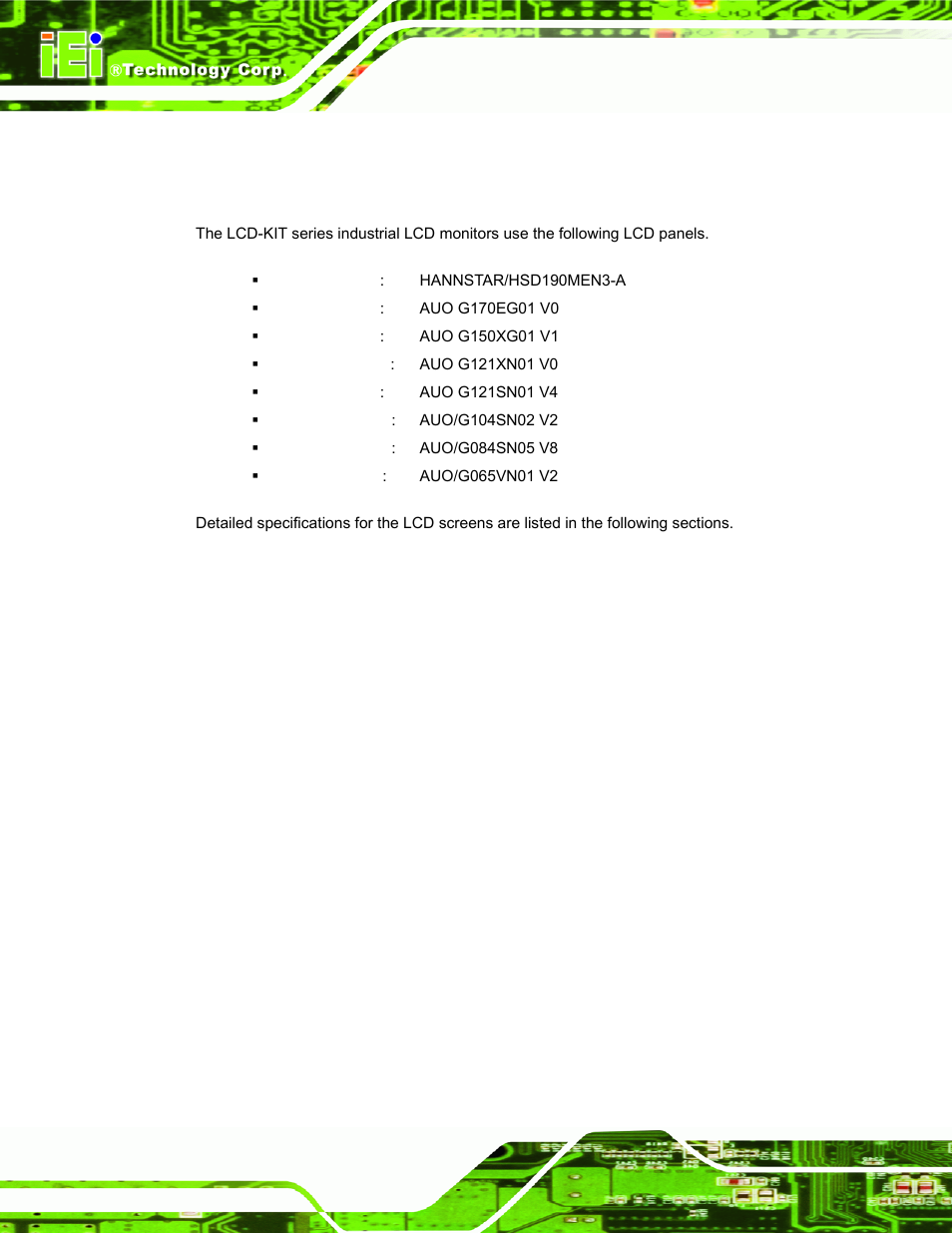1 lcd specifications, 1 lcd overview, Pecifications | IEI Integration LCD-KIT Series v2.02 User Manual | Page 32 / 94