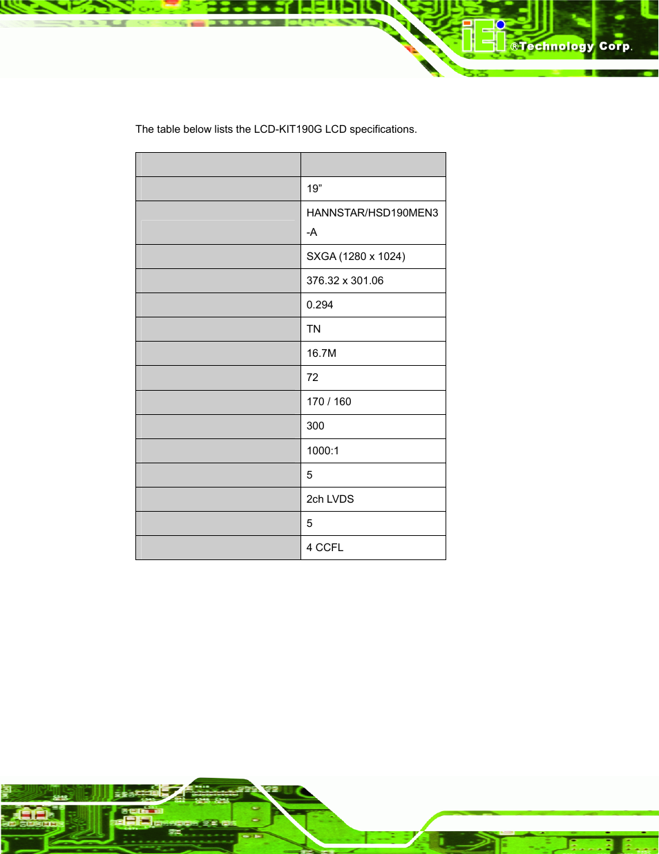 2 lcd-kit190g lcd specifications, Table 3-1: lcd-kit190g lcd specifications | IEI Integration LCD-KIT Series v2.02 User Manual | Page 33 / 94