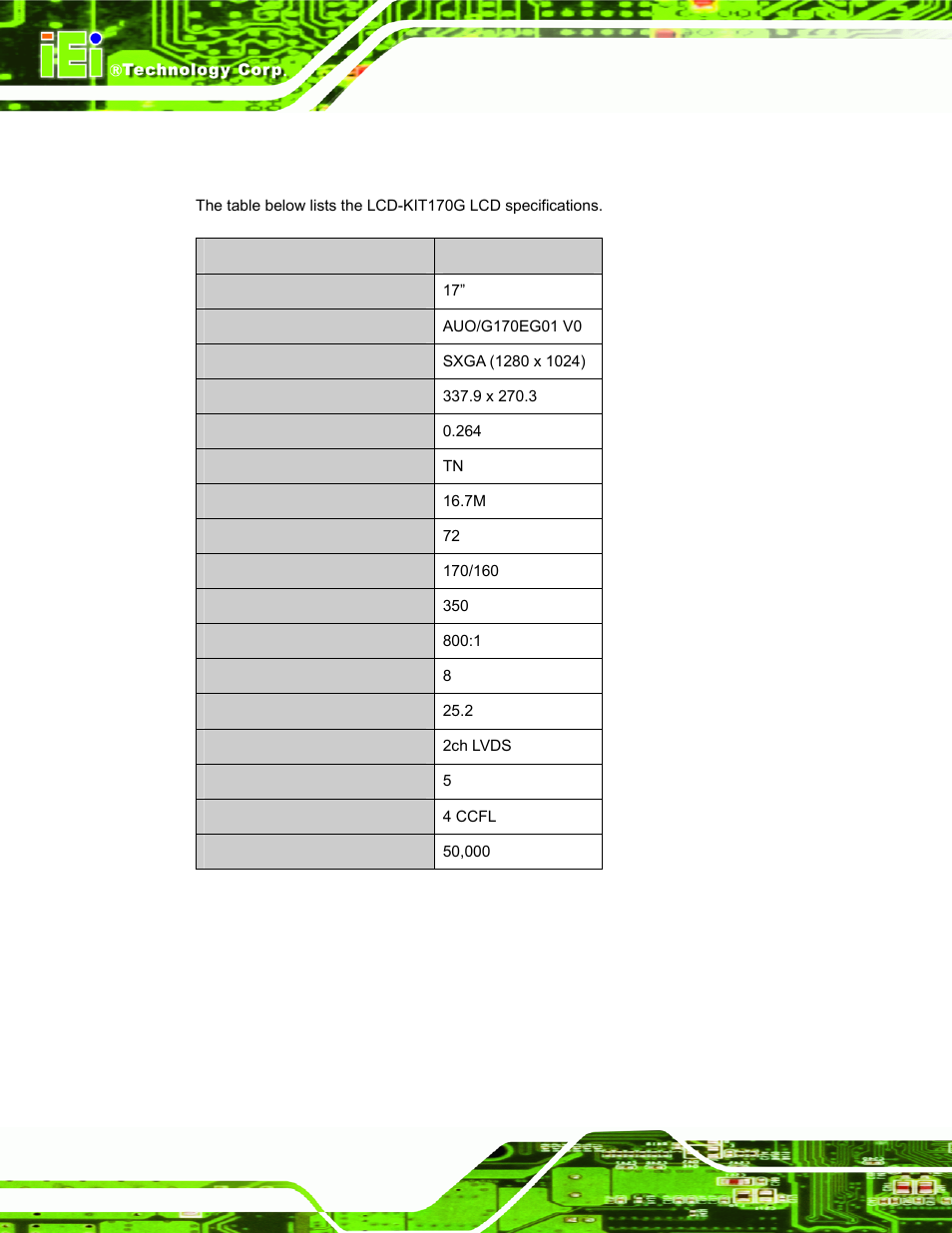 3 lcd-kit170g lcd specifications, Table 3-2: lcd-kit170g lcd specifications | IEI Integration LCD-KIT Series v2.02 User Manual | Page 34 / 94