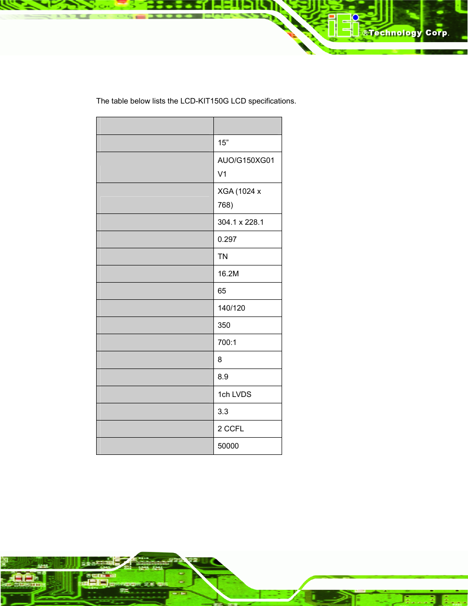 4 lcd-kit150g lcd specifications, Table 3-3: lcd-kit150g lcd specifications | IEI Integration LCD-KIT Series v2.02 User Manual | Page 35 / 94
