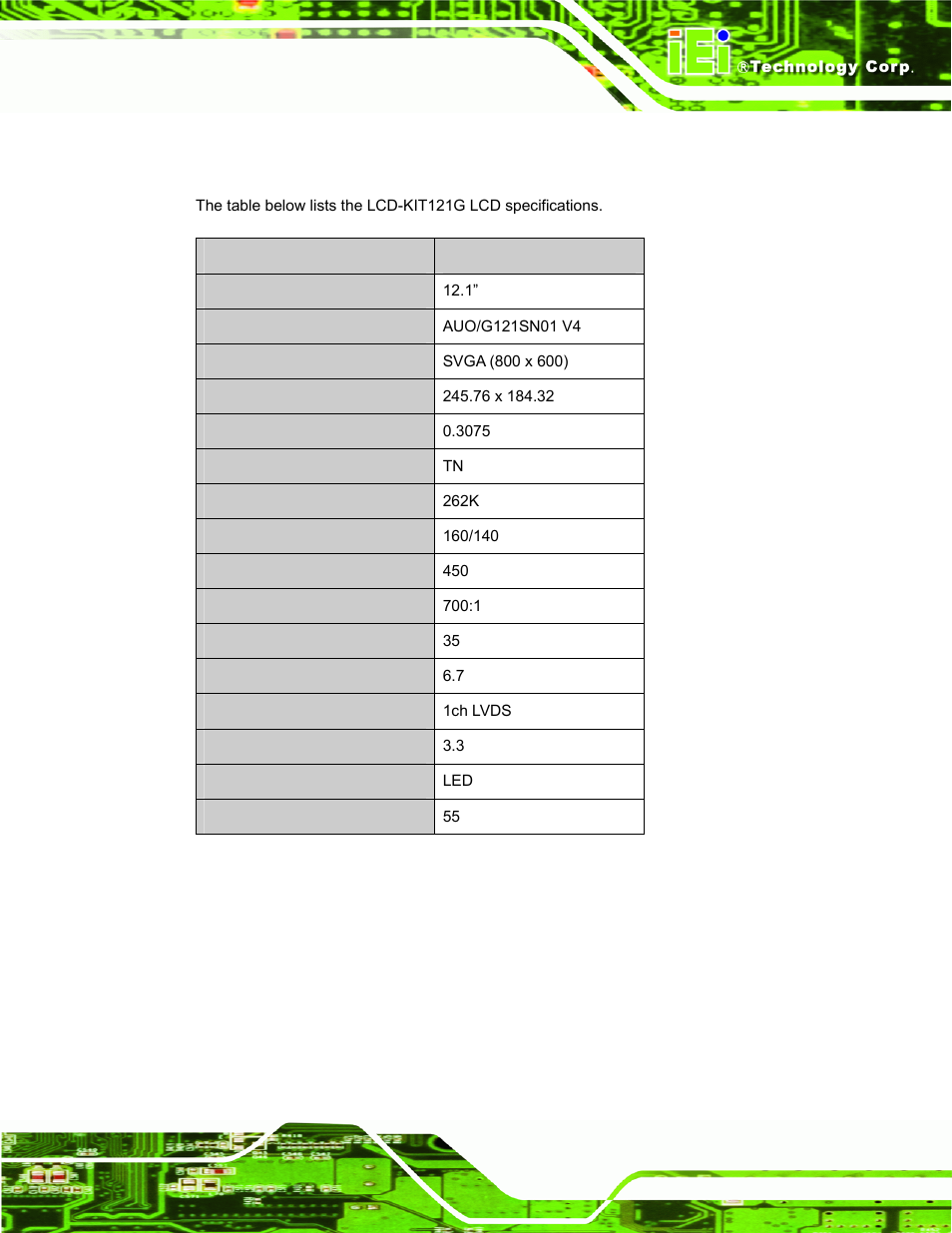 6 lcd-kit121g lcd specifications, Table 3-5: lcd-kit121g lcd specifications | IEI Integration LCD-KIT Series v2.02 User Manual | Page 37 / 94