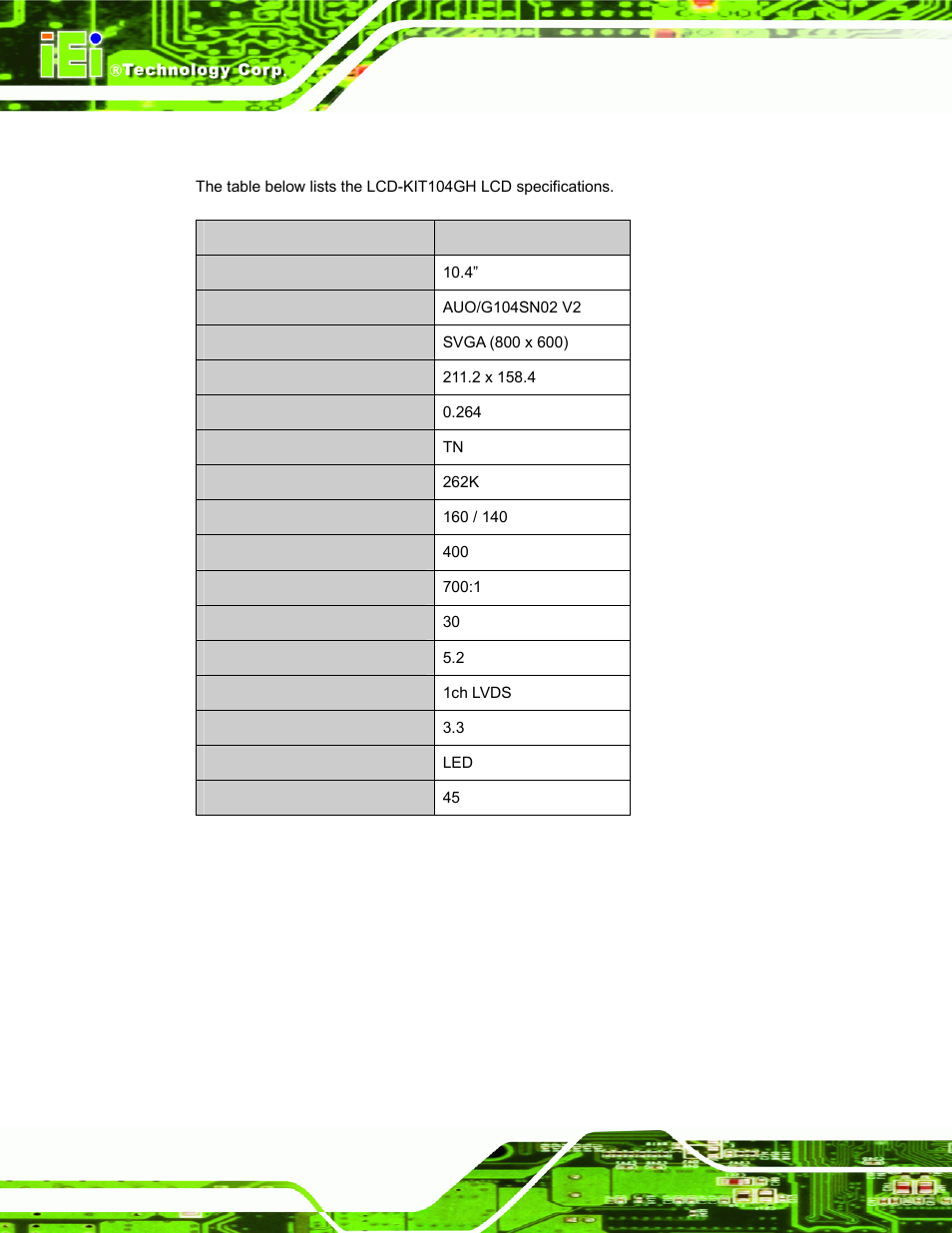 7 lcd-kit104gh lcd specifications, Table 3-6: lcd-kit104gh lcd specifications | IEI Integration LCD-KIT Series v2.02 User Manual | Page 38 / 94