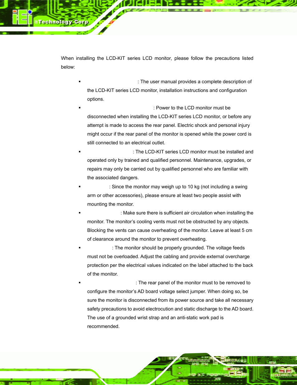 1 installation precautions, Nstallation, Recautions | IEI Integration LCD-KIT Series v2.02 User Manual | Page 50 / 94