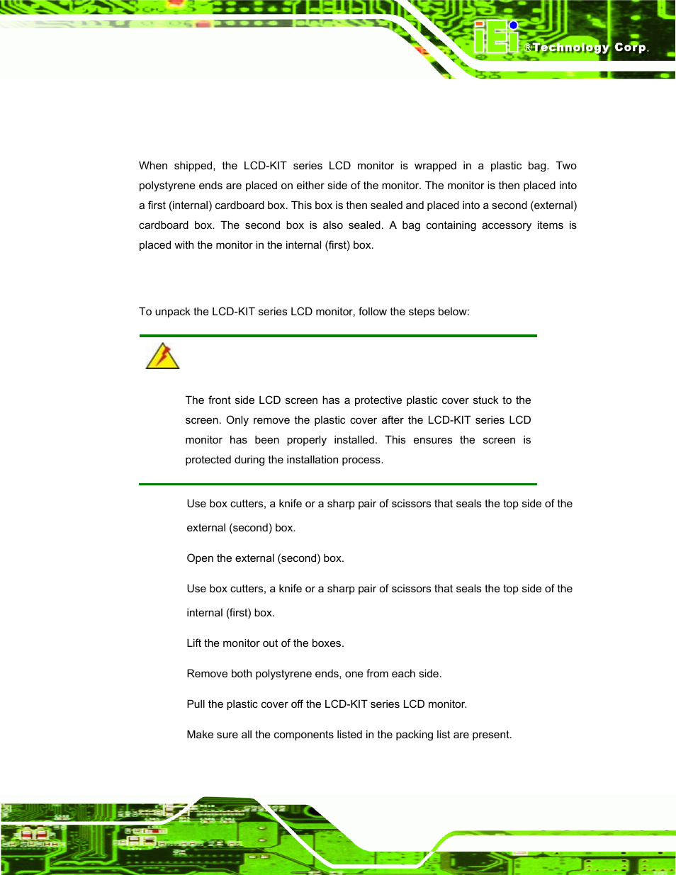 2 unpacking, 1 packaging, 2 unpacking procedure | Npacking | IEI Integration LCD-KIT Series v2.02 User Manual | Page 51 / 94