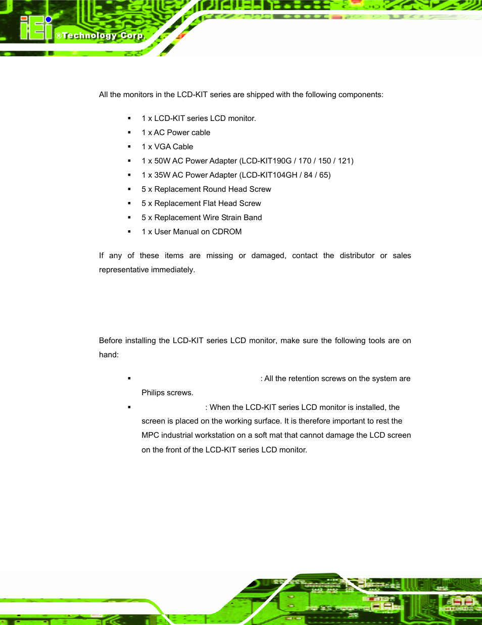 3 packing list, 3 pre-installation preparation, 1 tools | Installation, Reparation | IEI Integration LCD-KIT Series v2.02 User Manual | Page 52 / 94