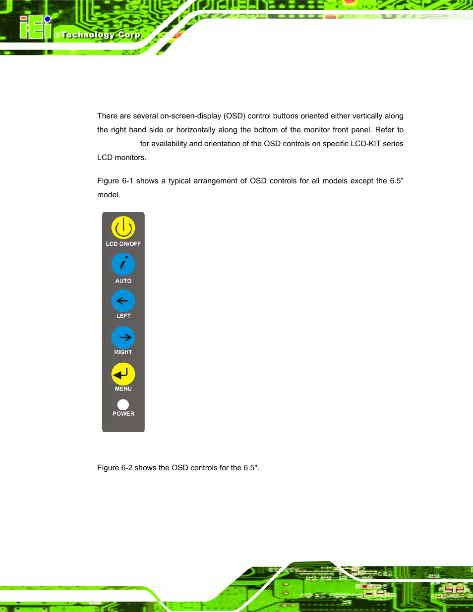 1 user mode osd structure, 1 osd buttons, Tructure | Figure 6-1: osd control buttons (except 6.5") | IEI Integration LCD-KIT Series v2.02 User Manual | Page 56 / 94