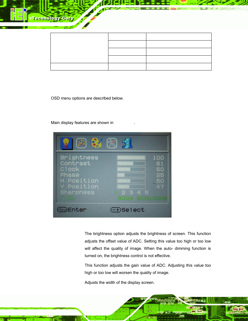 2 using the osd, 1 main display features, Sing the | Figure 6-3: main display features, Table 6-1: osd menus | IEI Integration LCD-KIT Series v2.02 User Manual | Page 58 / 94