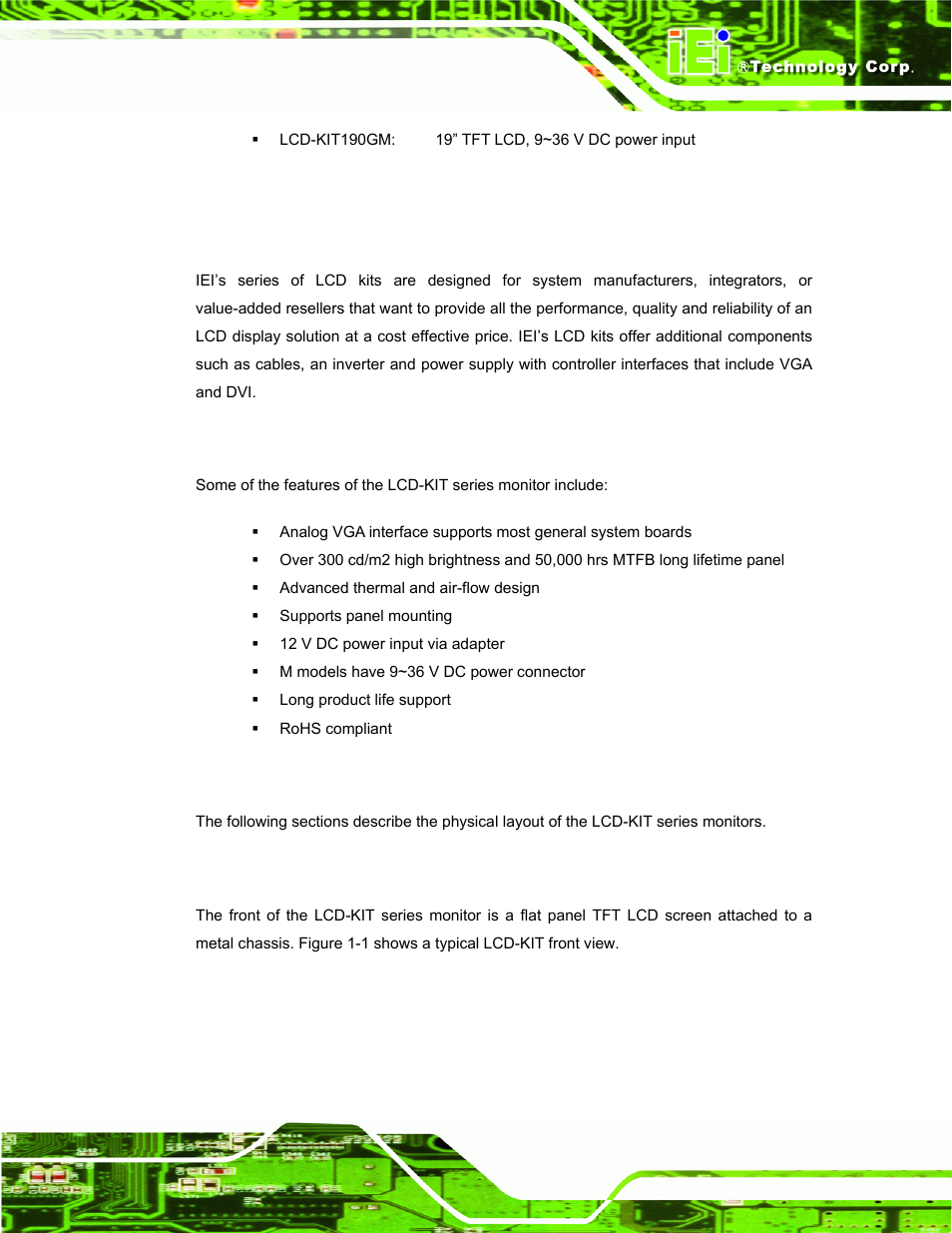 2 applications and features, 1 lcd-kit series monitor applications, 2 lcd-kit series monitor features | 3 external overview, 1 front view, Pplications and, Eatures, Xternal, Verview | IEI Integration LCD-KIT Series v2.00 User Manual | Page 13 / 90
