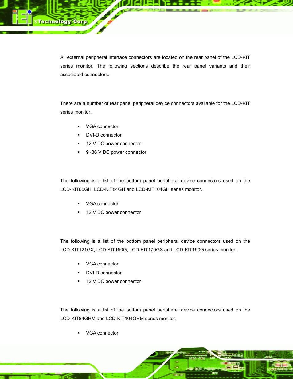 3 connector panel, 1 available connectors, 2 variant 1 connectors | 3 variant 2 connectors, 4 variant 3 connectors, Onnector, Anel | IEI Integration LCD-KIT Series v2.00 User Manual | Page 22 / 90
