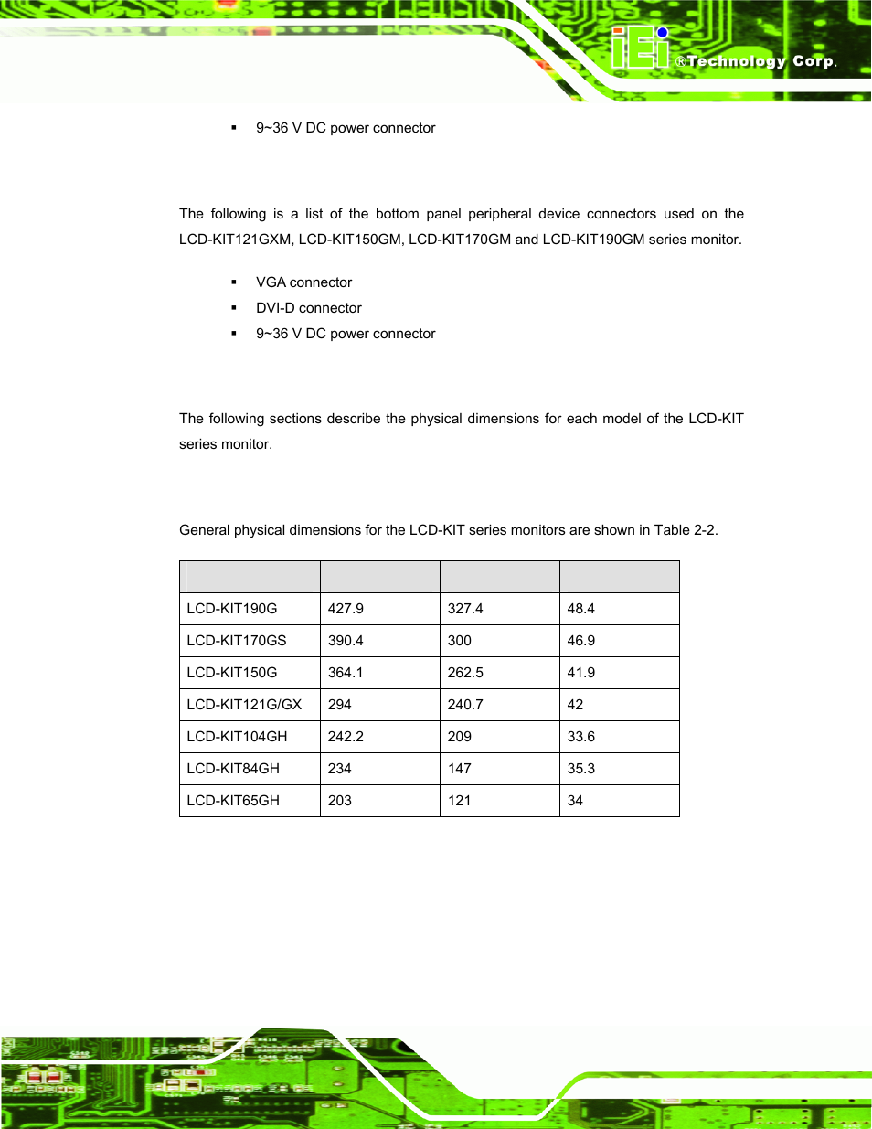 5 variant 4 connectors, 4 physical dimensions, 1 general physical dimensions | Hysical, Imensions, Table 2-2: general physical dimensions | IEI Integration LCD-KIT Series v2.00 User Manual | Page 23 / 90