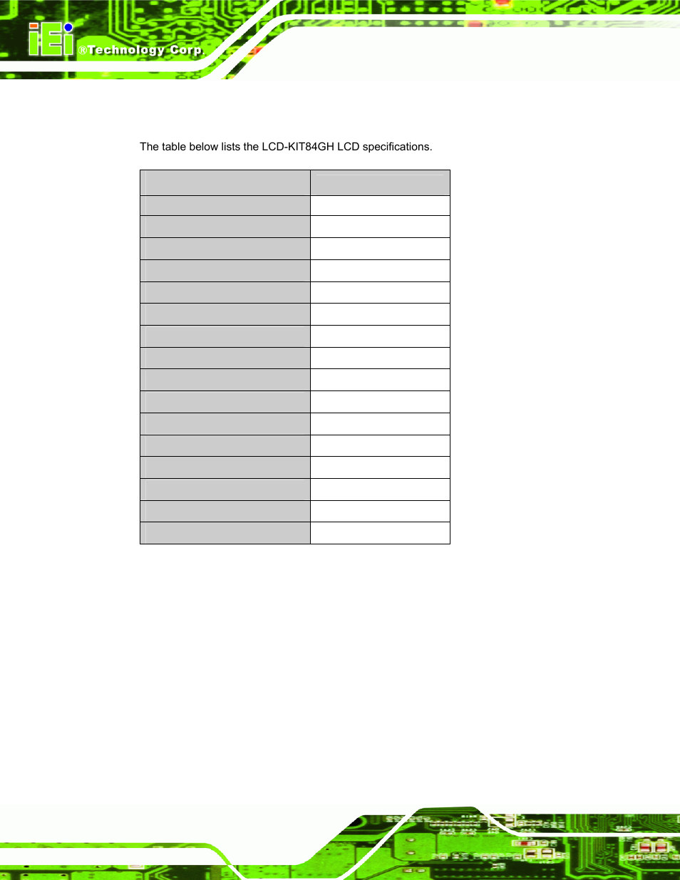 8 lcd-kit84gh lcd specifications, Table 3-7: lcd-kit84gh lcd specifications | IEI Integration LCD-KIT Series v2.00 User Manual | Page 40 / 90