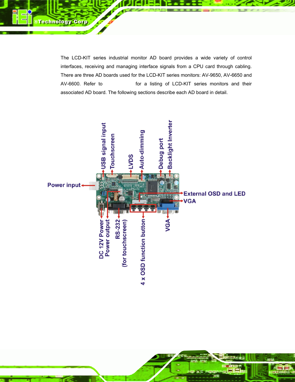1 ad board overview, 2 av-9650 ad board overview, Oard | Verview, Av-9650, Figure 4-1: av-9650 ad board overview | IEI Integration LCD-KIT Series v2.00 User Manual | Page 44 / 90