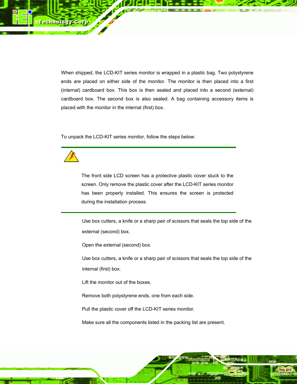 2 unpacking, 1 packaging, 2 unpacking procedure | Npacking | IEI Integration LCD-KIT Series v2.00 User Manual | Page 52 / 90