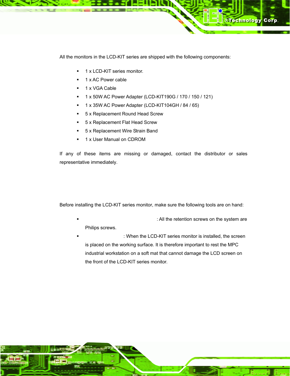 3 packing list, 3 pre-installation preparation, 1 tools | Installation, Reparation | IEI Integration LCD-KIT Series v2.00 User Manual | Page 53 / 90