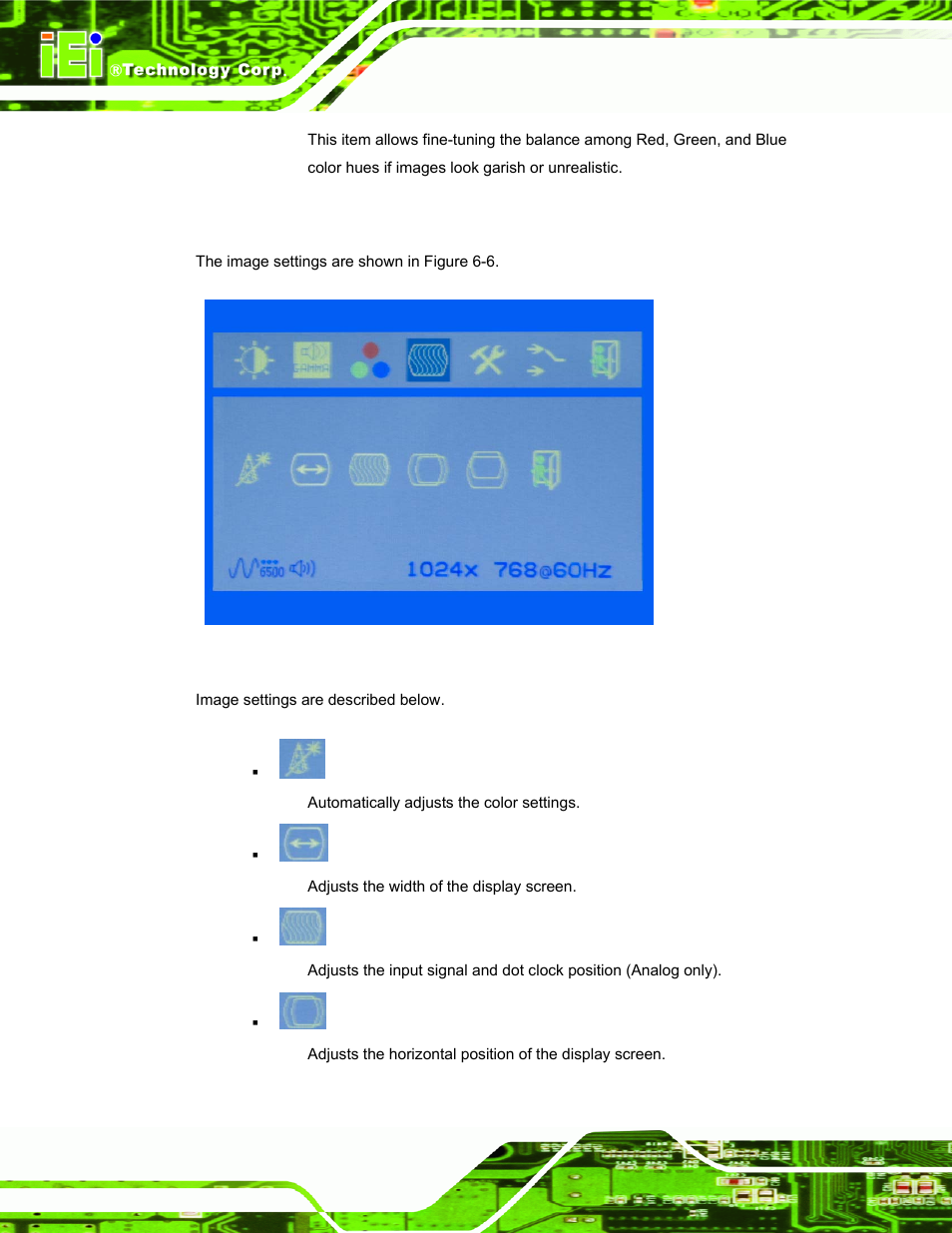4 image settings, Figure 6-6: image settings menu | IEI Integration LCD-KIT Series v2.00 User Manual | Page 62 / 90