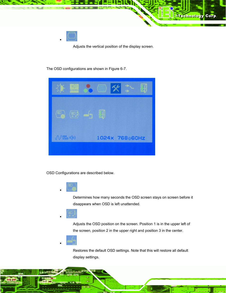 5 osd configurations, Figure 6-7: osd configurations menu | IEI Integration LCD-KIT Series v2.00 User Manual | Page 63 / 90