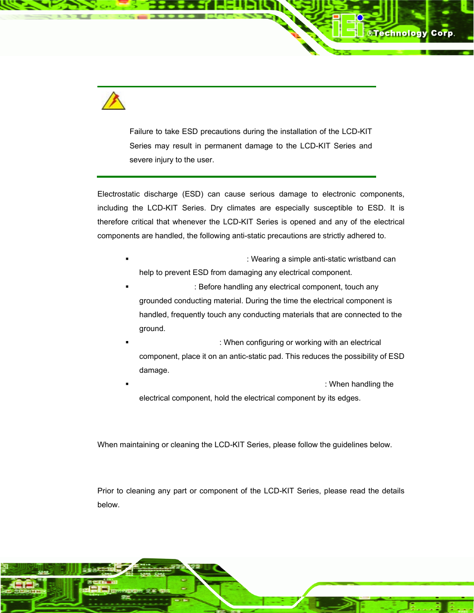 B.1.2 anti-static precautions, B.2 maintenance and cleaning precautions, B.2.1 maintenance and cleaning | Aintenance and, Leaning, Recautions | IEI Integration LCD-KIT Series v2.00 User Manual | Page 69 / 90