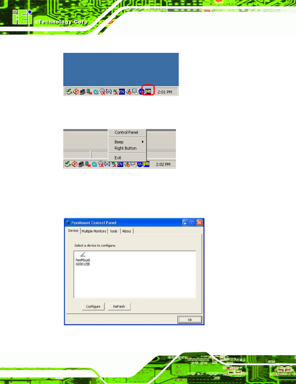 Figure 7-7: penmount monitor icon, Figure 7-8: penmount monitor popup menu, Figure 7-9: configuration screen | IEI Integration SRM_121_150 v2.02 User Manual | Page 80 / 107